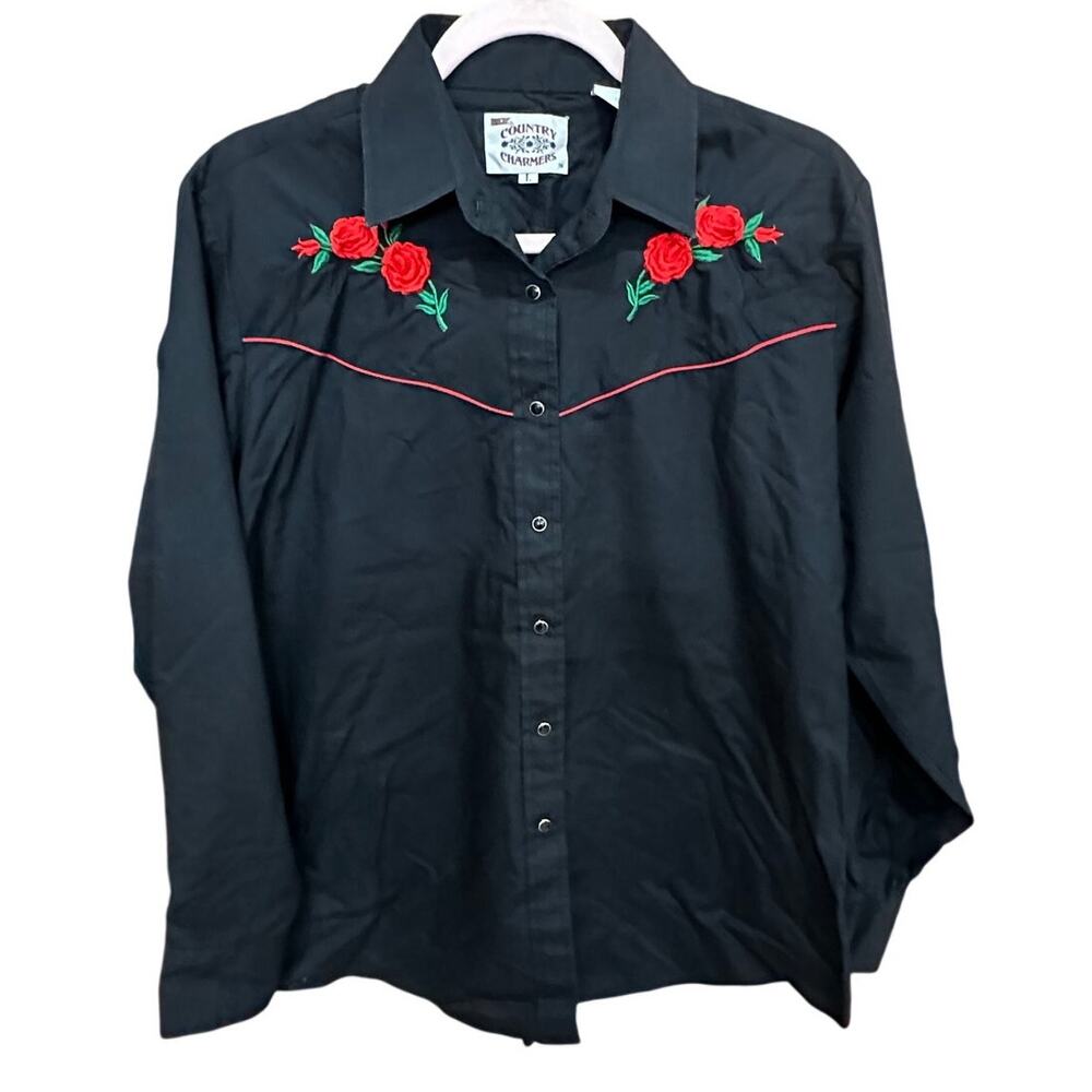 Vintage 90s Embroidered Rose Cowgirl Shirt - Size Large